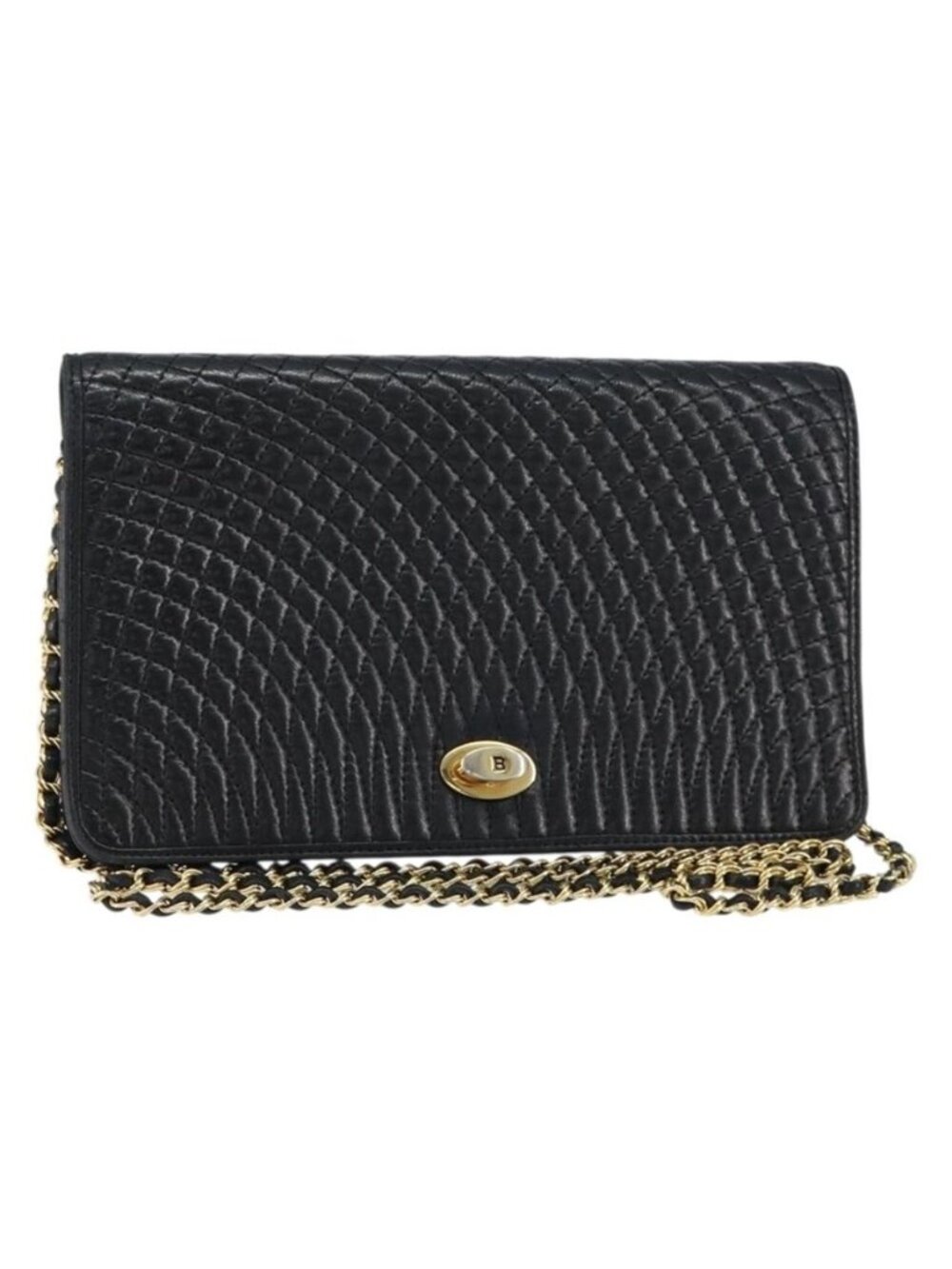 Authentic BALLY Quilted Chain Shoulder Bag Leather Black Gold